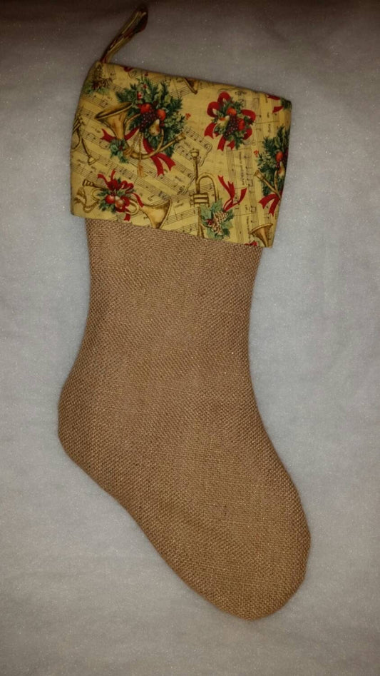 SALE 50% Off Natural Burlap Christmas Stocking with Majestic Horns and Sheet Music Cuff I Music Stocking I Symphony Stocking I Gold Stocking