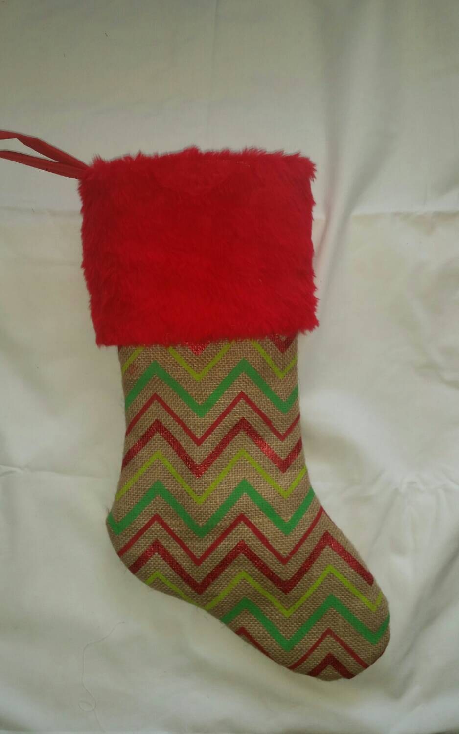 SALE BOGO FREE, Burlap With Stripes Christmas Stocking Natural Burlap Christmas Stocking with Red Fur Cuff