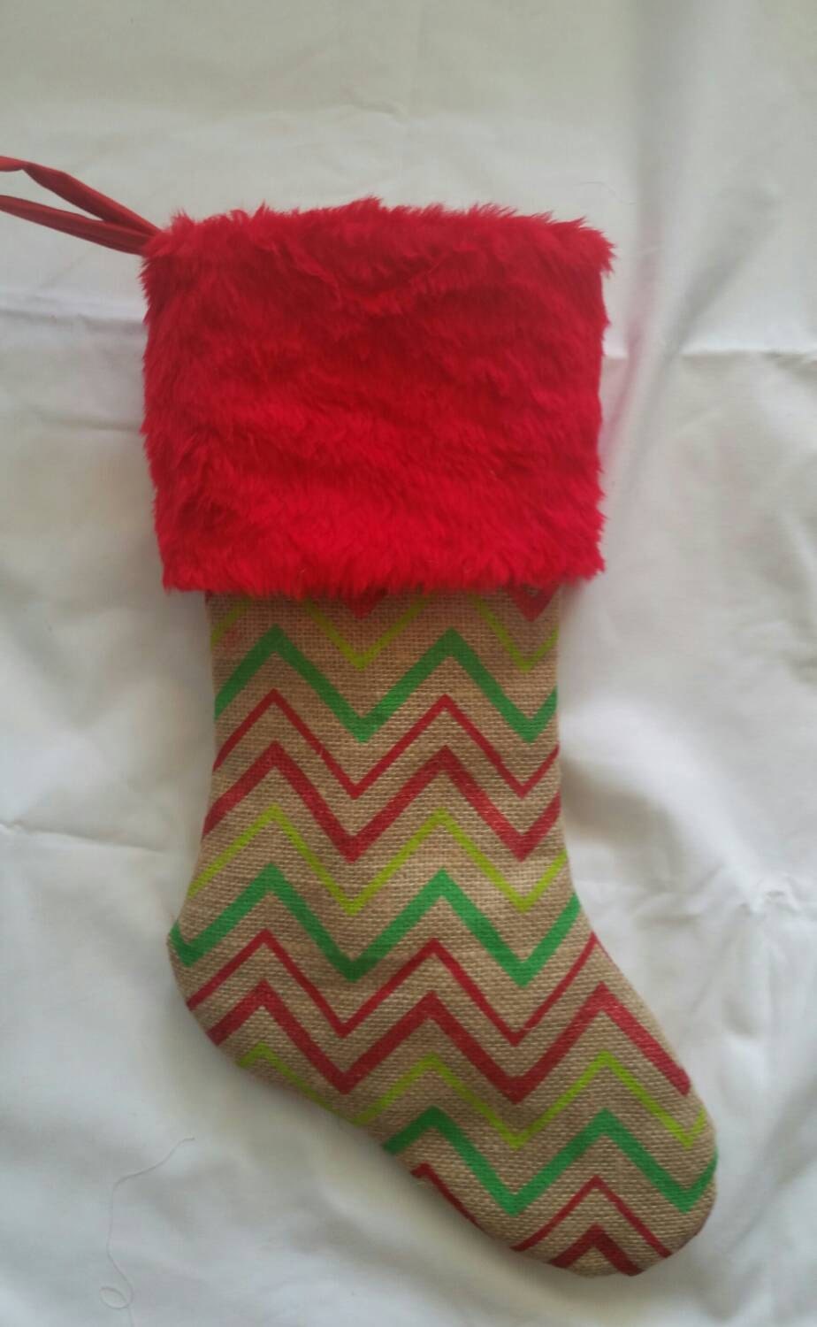 SALE BOGO FREE, Burlap With Stripes Christmas Stocking Natural Burlap Christmas Stocking with Red Fur Cuff