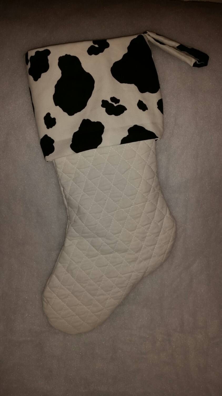 MOO-ey Christmas! Quilted Christmas Stocking with Cow Print Cuff,  Cow Christmas Stocking,  Animal Print Christmas Stocking