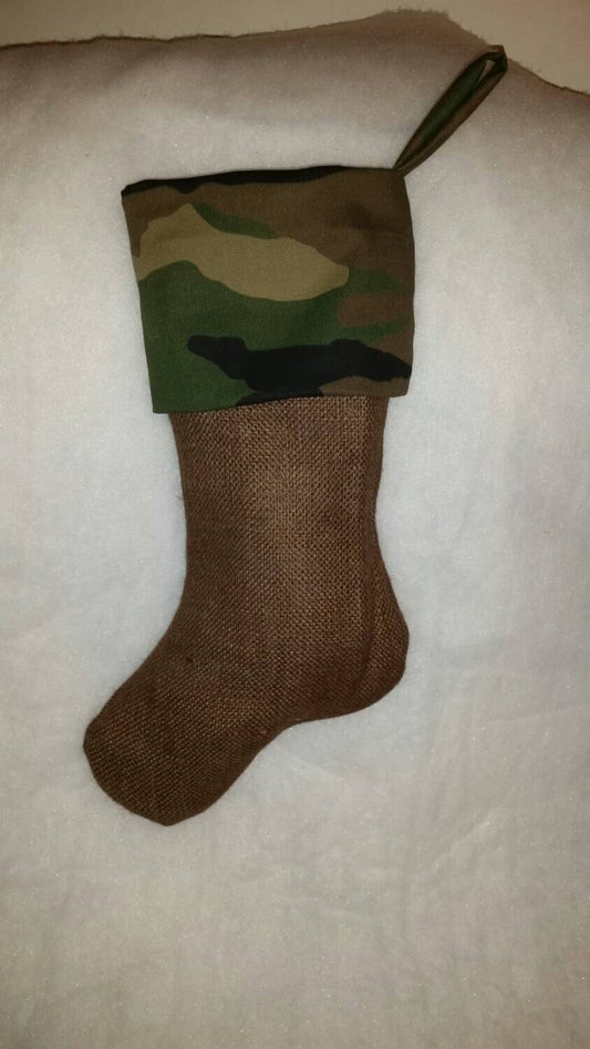 SALE 50% Off Cammo-Christmas Stocking, Natural Burlap Christmas Stocking, Brown Burlap Christmas Stocking, Cammoflage Chrustmas
